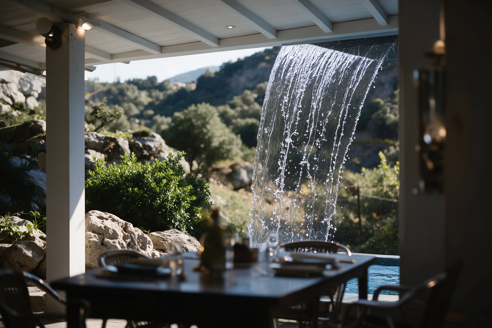 Rincón de la terraza con una pequeña cascada, mesas oscuras y roca caliza