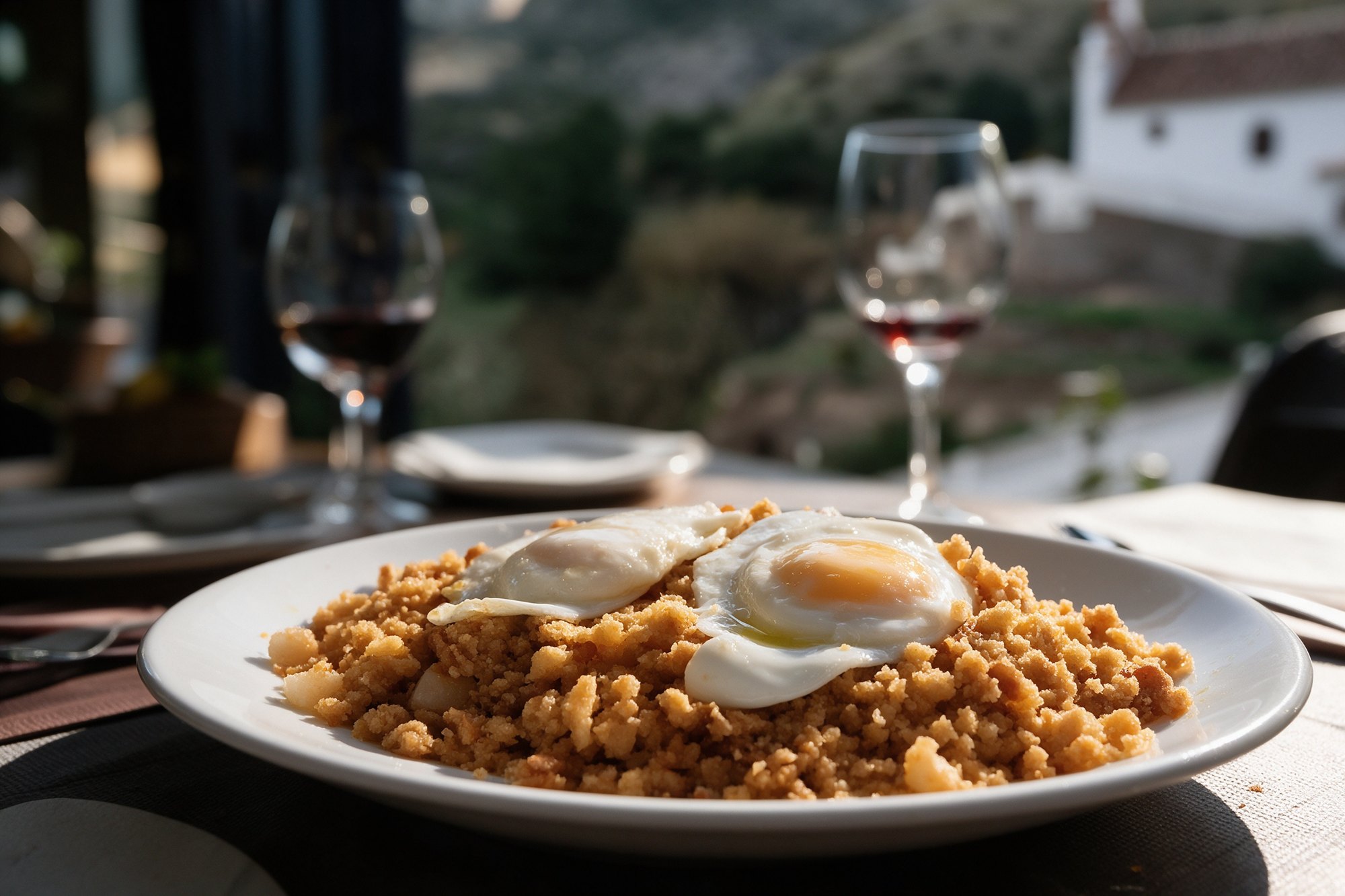 Migas con huevo frito en plato blanco sobre la mesa de la terraza
