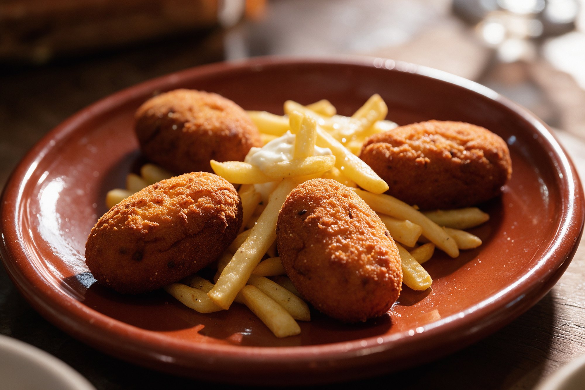 Croquetas caseras doradas con patatas en plato de barro rojo