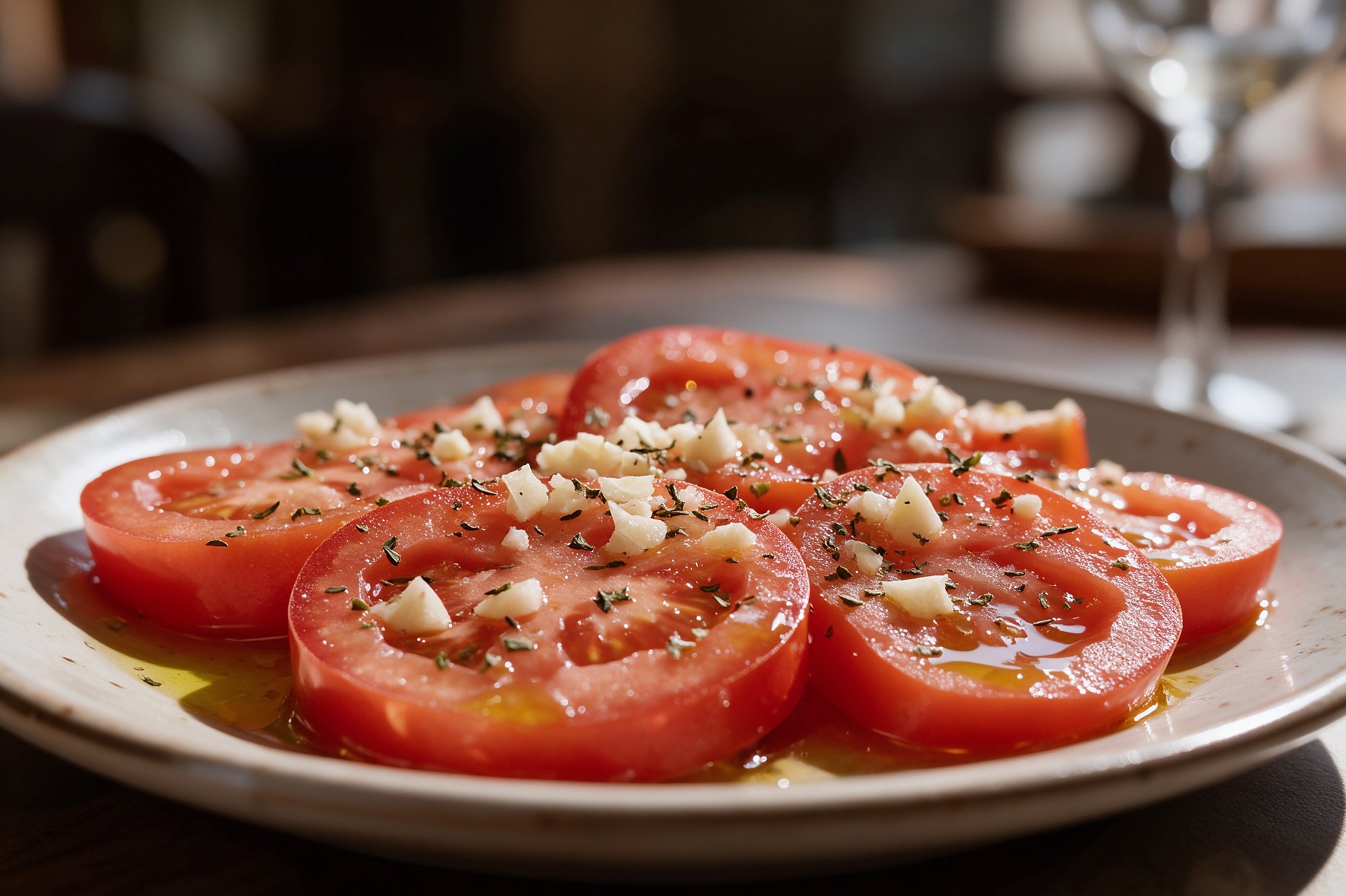 Ensalada de tomate aliñado con ajo y orégano en plato claro